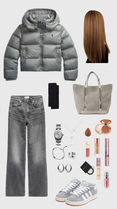 campus 00’s grey, ralph lauren jacket, jean, makeup, silver jewels, outfit for school 🎓 Campus00s Outfit, Ralph Lauren Jacket Outfit, Grey Campus 00s Outfit, Super Puff Outfit, Winter Fits For School, Grey Jacket Outfit, Streetwear Makeup, Gray Sweatpants Outfit, Makeup Silver