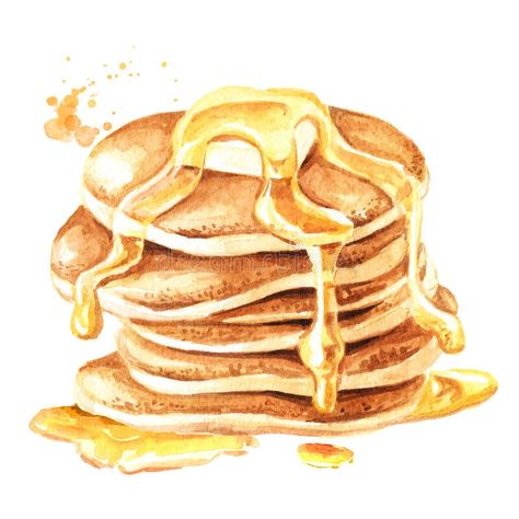 Pancake Drawing Realistic, Pancake Drawing Cute, Pancakes Aesthetic Drawing, Pancakes Art Drawing, Stack Of Pancakes Drawing, Maple Syrup Illustration, Maple Syrup Drawing, Watercolor Pancakes, Syrup Drawing