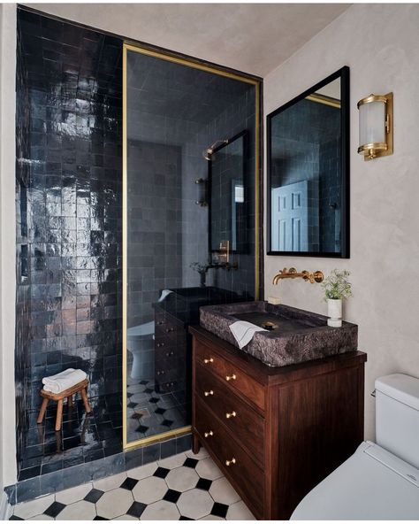 Interesting Shower Tile, Navy Shower Room, Moody Shower Tile, Navy Master Bath, Navy Shower Tile, Moody Bathroom Tile, Moody Small Bathroom, Elegant Small Bathroom Ideas, Dark Academia Bathroom