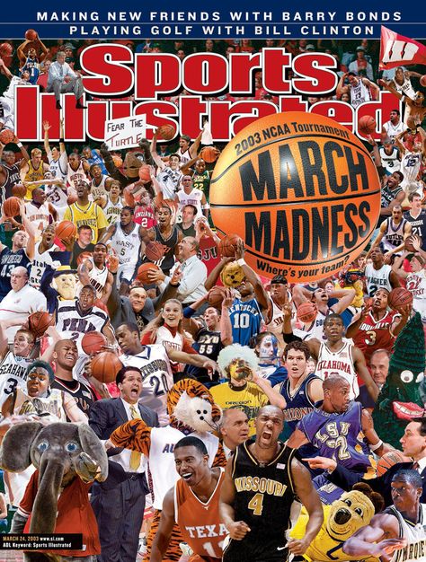 Sports Illustrated's March Madness "mash-up" covers through the years. From 2003 through '12, Sports Illustrated printed collage-style covers, featuring every NCAA tournament team on the same cover. To help capture the excitement of March Madness, SI is bringing back the tradition in '17. Sports Illustrated Cover, Ncaa March Madness, Sports Illustrated Covers, Illustrated Magazine, Ncaa Basketball, Custom Canvas Prints, March Madness, Print Collage, Play Golf