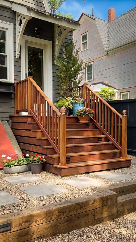 renovationhusbands on Instagram: Yeah, it’ll just look the same 😉 We are so happy that the deck is finally complete and honestly it came out even better than we expected.… Entry Deck And Steps, Cedar Stairs Outdoor, Wooden Porch Steps Front Entrances, Deck Stairs With Landing Wood, Front Porch Stairs, Front Porch Deck, Timbertech Deck Stairs, Porch Stairs, Porch Landscaping