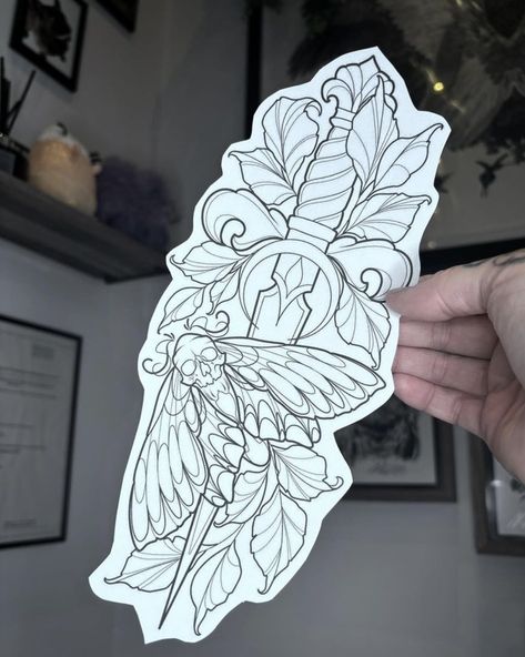 Dagger With Flowers Tattoo, Art Nouveau Tattoo Flower, Neotraditional Tattoo Design, Neo Traditional Tattoo Design, Simple Cat Tattoo, Neo Traditional Art, Line Art Simple, Cat Tattoo Ideas, Moth Tattoo Design