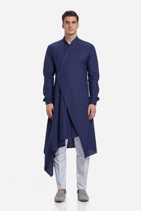 Assymetrical Kurta Men, Asymmetric Kurta Designs For Men, Draped Kurta For Men, Drape Kurta For Men, Mens Draping Fashion, Overlapping Kurti Designs, Menswear Kurta, Indian Menswear, Stylish Boy Clothes