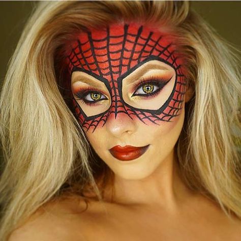 Spider-Man Inspired Makeup Look for Women                                                                                                                                                     More Halloween Makeup Diy Easy, Beautiful Halloween Makeup, Halloween Costumes Women Creative, Make Up Diy, Makeup Zombie, Halloween Make-up Looks, Skincare Ideas, Diy Costumes Women, Cute Halloween Makeup