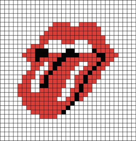 A pixel art template of The Rolling Stones' 1971 logo. Nirvana Pixel Grid, Perler Bead Band Logos, Alpha Patterns Music, Band Logo Pixel Art, Album Covers Pixel Art, Band Pixel Art, Album Pixel Art, Album Cover Pixel Art, Band Cross Stitch