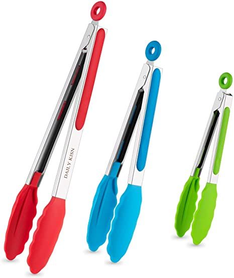 DAILY KISN Kitchen Tongs Set of 3, Stainless Steel Tongs with Silicone Tips for Cooking, Barbecue, BBQ Grill (Multicolor) Barbecue Buffet, Tips For Cooking, Bbq Salads, Silicone Tongs, Kitchen Tongs, Food Tongs, Tongs Kitchen, Silicone Kitchen, Cooking On The Grill