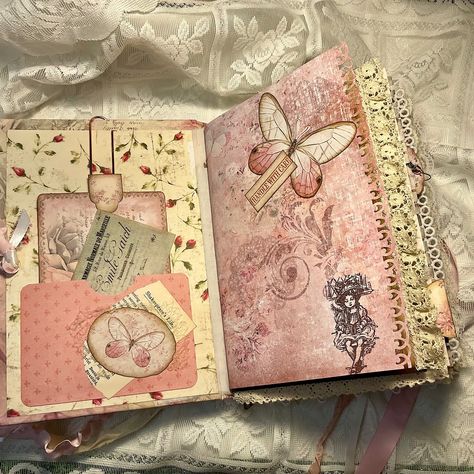 This is a handmade hard cover junk journal titled that I call Pink Roses. It measures approximately 9 inches x 6 inches x 1 1/2 inches. I have made the entire cover from book board. This comes with an envelope full of additional ephemera for your use. This book contains doilies, vintage lace and fabrics from my stash ( wools, silks, cottons, specialty fabrics, new and old laces, tatting, crochet) old book pages (vintage and antique - some dating back to 1700’s), letters, snippet roll pieces, ... Fabric Journal Cover Ideas Diy, Pink Junk Journal, Pink Journal Cover, Notes Cover Page, 21st Birthday Party Themes, Snippet Roll, Journal Things, Washi Tape Journal, Journals Diy