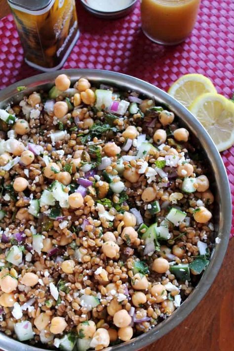 Wheat Berry Salad Salad With Garbanzo Beans, Wheat Berry Salad Recipes, Noom Healthy Meals, Wheat Berry Recipes, Wheat Berry Salad, Wheat Berry, Einkorn Recipes, Wheat Recipes, Berry Salad