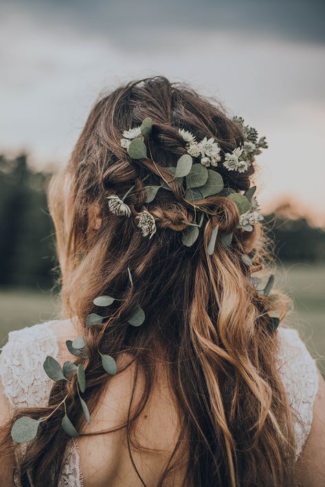 Boho Bridal Hair #longhair #bohohair #flowers #halfupdo Greenery In Hair Wedding, Wedding Hair Flowers Down, Boho Wedding Hair Short Curly, Boho Hair Flowers, Boho Hairstyles With Flowers, Wedding Hair Greenery, Half Up Wedding Hair Flowers, Woodsy Wedding Hairstyles, Flowers In Hairstyle