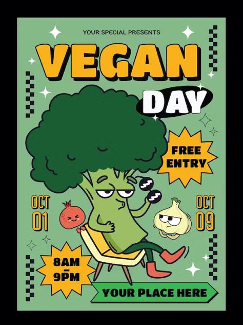 Vegan Day Flyer Template AI, EPS Vegan Design Art, Vegan Poster Design, Canva Inspo Poster, New Opening Poster Design, Vegan Graphic Design, Vegan Branding, Vegan Poster, Event Poster Design Inspiration, Product Flyer