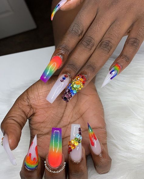 Deja on Instagram: “PRIDE NAILZ #lgbt #pride #Hologram #nails #coffin #coffinnails #clear #acrylic #gelpolish #nailsofIG #blacknailtech #marblenails #scnails…” Hologram Nails, Pride Nails, Rainbow Nails Design, Colorful Nail Art, Glam Nails, Rainbow Nails, Nail Designs Glitter, Beautiful Nail Designs, Acrylic Nails Coffin