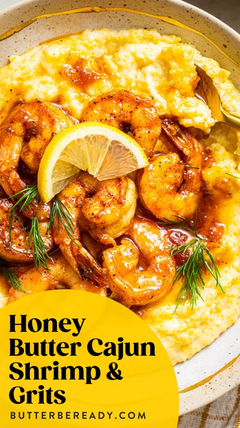 Hot Honey Butter Shrimp And Grits, Hot Honey Butter Shrimp And Sausage Over Smoked Gouda Grits, Smoked Guada Grits, Shrimp And Gouda Cheese Grits Recipe, Shrimp And Grits Breakfast, Sauce For Shrimp And Grits, Shrimp And Gouda Grits Recipe, Fried Fish And Grits, Shrimp And Grits Sauce