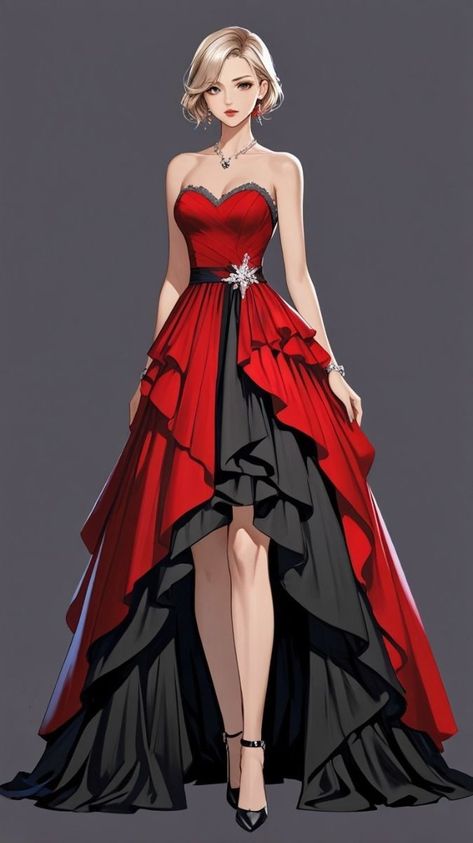 Fashion Illustration Sketches Dresses Outfit, Red Dress Character, Royal Red Dress, Dreamy Sketches, Red Dress Design, Bride Fashion Illustration, Anime Dresses, Gown Drawing, Vestidos Anime