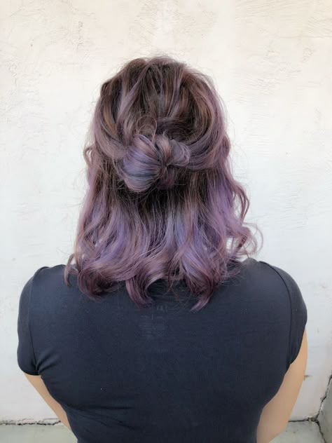 Purple Hair Underlights, Lavender Dip Dye Hair, Lavender On Brown Hair, Lavender With Brown Hair, Dusty Purple Highlights, Lavender Highlights Short Hair, Pastel Brunette Hair, Purple Hair Light Brown, Lavender Babylights Hair