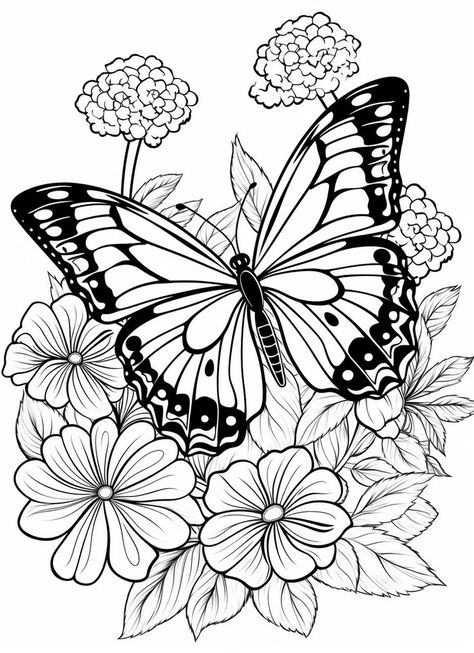 Flower Coloring Pages Free Printable, Butterfly With Flowers, Butterfly Coloring, Butterfly And Flower, Coloring Pages Free Printable, Butterflies And Flowers, Flower Coloring Pages, Coloring Page, Free Printable