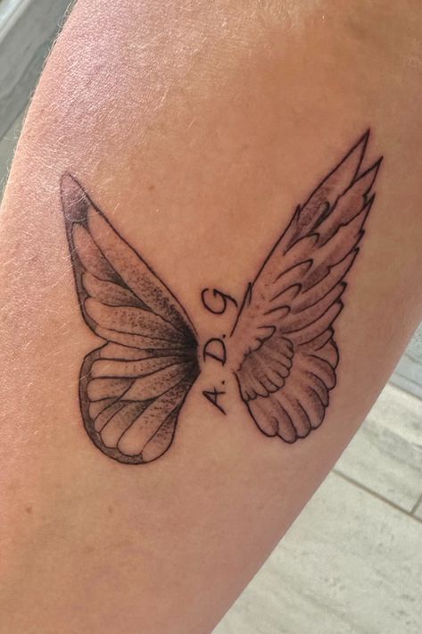 Half Butterfly - Half Angel Wing Small Angel Wing Tattoo, Butterfly Wing Tattoo, Half Butterfly, Butterfly Angel, Angel Wings Tattoo, Small Pretty Tattoos, Wing Tattoo, Memorial Tattoo, Wings Tattoo