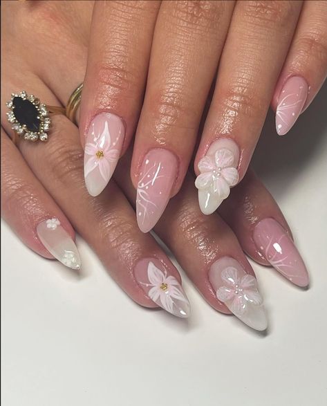 Scandinavian Nails Design, Gel Flower Nail Designs, Jelly Flower Nails, Sculpted Flower Nails, Floral Nails Acrylic, 2d Nails, Gel X Nail Designs, Pink Gel, Summery Nails