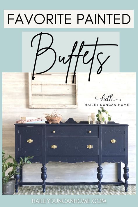 Vintage buffet painted navy blue with gold hardware. Entryway Ideas With Buffet, Redoing Buffet Furniture, Painting Antique Buffet, Buffet Cabinet Vintage, Chalk Painted Antique Buffet, Painted Buffet Ideas Farmhouse, Buffet Redo Ideas, Painted Vintage Buffets And Sideboards, Chalk Paint Buffet Ideas