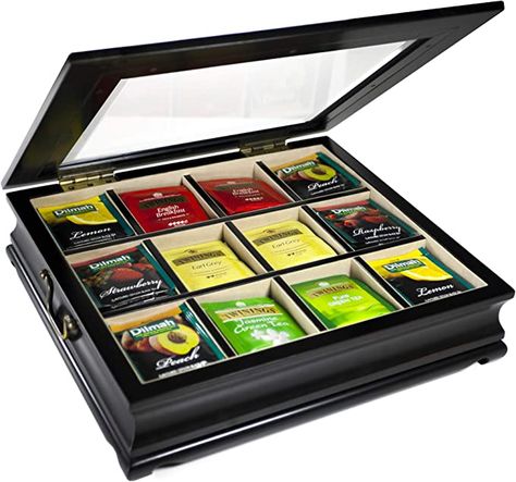 Amazon.com: Tea Chest Large Storage Tea Bag Box Wooden with Beveled Glass Window 12 Compartments by ChezMonett : Home & Kitchen Beveled Glass Window, Tea Box Storage, Tea Bag Storage, Wooden Tea Box, Tea Organization, Tea Bag Organizer, Tea Chest, Bamboo Tea, Tea Storage