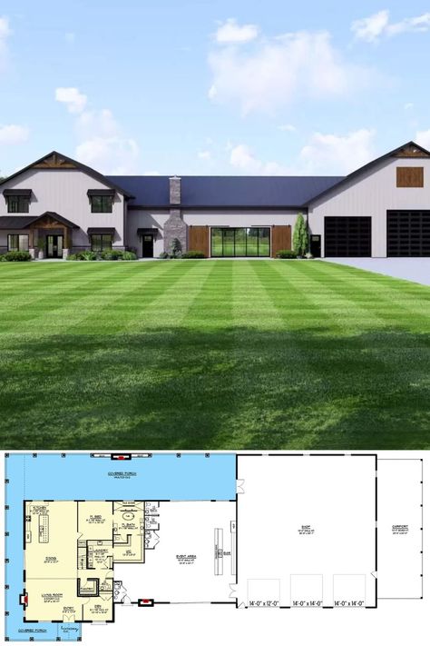 4-Bedroom Barndominium with Two-Story Great Room and Event Space Event Space Floor Plan, Metal House Plans, Bedroom Barndominium, Event Room, Modern Farmhouse Plans, Simple Bedroom, Farmhouse Plans, Second Story, Great Room