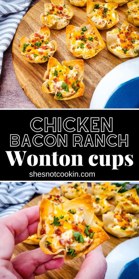 Cheesy ranch chicken wonton cups on a wooden serving board. Ranch Wonton Cups, Chicken Wonton Cups, Wonton Cups Appetizers, Cheesy Ranch Chicken, Inexpensive Appetizers, Wonton Appetizers, Creamy Cheesy Chicken, Wonton Wrapper Recipes, Cheesy Ranch