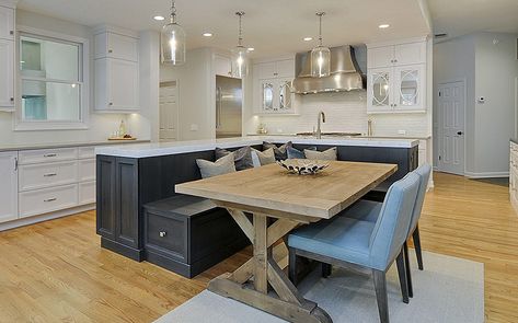 7 Creative Design Ideas For Kitchen Island Bench Seating | L-SHAPED BENCH Island With Bench Seating, Kitchen Island Bench Seating, Kitchen Island With Bench Seating, Curved Kitchen Island, Kitchen Island Dining Table, Curved Kitchen, Open Plan Kitchen Dining Living, Kitchen Island Bench, Island Table