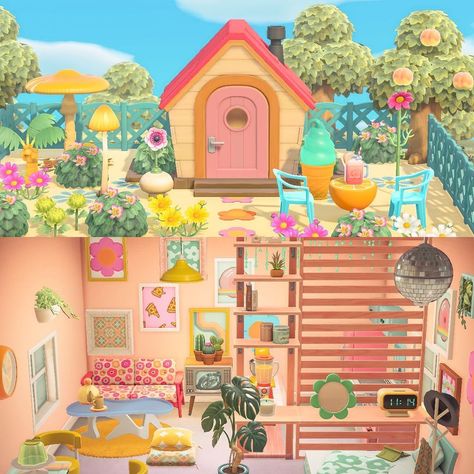 ♡ 𝙱𝚛𝚒𝚎 on Instagram: “A groovy tiny house collab 🪩 Interior by @playing_it_groovy and exterior by @november.oscar.whisker . Floored by how much Nicole was able…” Animal Crossing 70s House, Pink House Animal Crossing, Flora House Animal Crossing, Animal Crossing Pink Interior, Acnh Rosie's House, Animal Crossing Amiibo Cards, Sea House, Animal Crossing Guide, Animal Crossing Memes