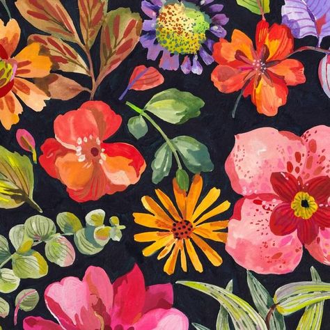 Sumitgill 🇨🇦 on Instagram: "Bold flowers against dark background! Yup that’s me 😋
.
.
.
#art #artistsoninstagram #wildflowers #wildflowersofinstagram #illustrationartists #gouachepainting #acrylagouache #surfacepatterndesign #surfacespatterns #abstractflowers #moodyflorals" Artistic Garden, Print Motifs, Winter Prints, Flower Paint, Baroque Floral, Clothes Embroidery, Bold Flowers, Wildflower Design, Clothes Embroidery Diy