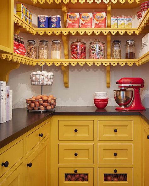 10 Walls Painted in Tasteful Yellows - Interiors By Color Kitchen Pantry Design Ideas, Pantry Design Ideas, Kitchen Storage Space, Butcher Blocks, Food Storage Organization, Pantry Shelving, Kitchen Pantry Cabinets, Kitchen Pantry Design, Pantry Ideas