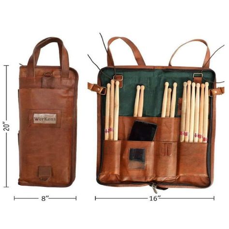 Keep your drumsticks organised and secure with this genuine leather drum stick bag! With room for up to 12 pairs of sticks, extra pockets for accessories, and a detachable shoulder strap, you'll be ready to rock on the go! #DrummingEssentials #WerKens #LeatherLove 🥁✨ Percussion Mallets, Drumstick Bag, Drum Stick Bag, Ear Phones, Egg Shakers, Drummer Gifts, Brass Hooks, Drum Sticks, Drum Accessories