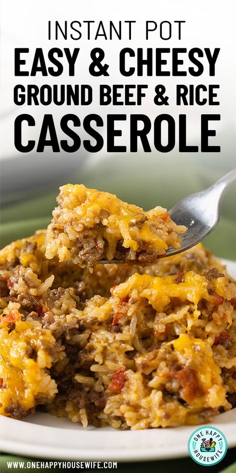 Try this super easy and delicious Instant Pot Cheesy Ground Beef and Rice. Family-friendly and uses only basic ingredients. Ready in no time and family-friendly! #instantpot #pressurecooker #recipe #groundbeef via @onehappyhousewife Rice Casserole Instant Pot, Cheesy Beef And Rice, Ground Beef And Rice Casserole, Cheesy Ground Beef And Rice, Beef And Rice Casserole, Casserole Instant Pot, Instant Pot Easy, Recipes Instapot, Cheesy Ground Beef