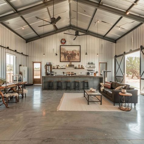 Barndominium Workshop Ideas, Open Plan Barndominium, Pole Barn Family Room, Barndominium Ideas Open Concept, Barndominium Detached Garage, Barndominium Lots Of Windows, Colors Of Barndominiums, Country House Ideas Interior, Barndominium Ideas Cheap