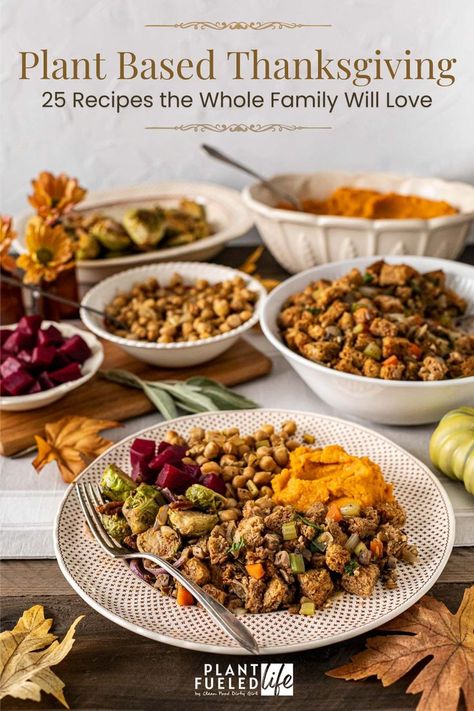 Beautiful wood table with beige linen runner. Multiple casserole dishes and fall leaves adorn the table. Front and center is a gorgeous white plate with burnt orange dots. A plant based Thanksgiving feast sits on top of the plate complete with stuffing, sweet potatoes, beets, Brussels sprouts, beans and more. Plant Based Thanksgiving, Thanksgiving Menu Planning, Themed Meals, Vegan Thanksgiving Menu, Thanksgiving Meal Plan, Butter Bean Soup, Pickled Beets Recipe, Whole Food Plant Based, Thanksgiving Dinner Menu