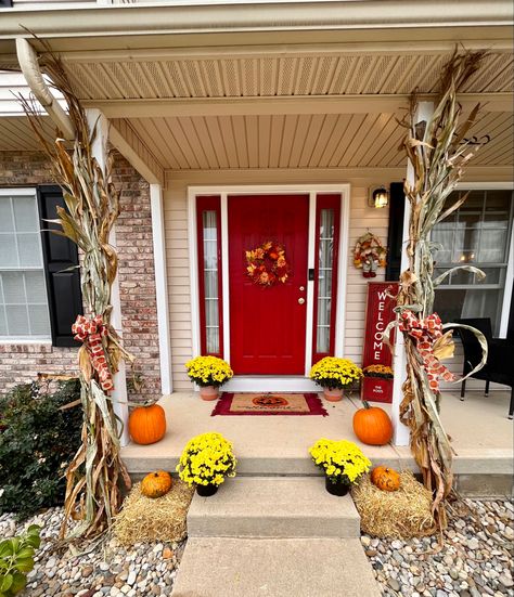 Pumpkin Door, Local Farm, Farm Stand, Fall Outdoor Decor, Fall Decorations Porch, Red Door, Fall Porch, Porch Decorating, Door Mat