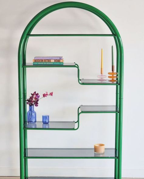 Curated Spaces on Instagram: "Just Listed! Curved Bookshelf in a fab glossy green. Dimensions 195cm high, 85cm wide, 40cm deep. Location - Melbourne $950. Sold." Curvy Bookshelf, Green Arch Book Shelf, Curved Bookshelf, Green Bookshelf, Space Age Bookshelf, Chrome Metal Shelf, Curated Spaces, Bright Forest, Green Bookshelves