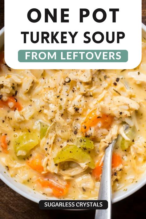 Discover the magic of transforming your leftover turkey into a delectably warm and savory one-pot Turkey Rice Soup! Packed with flavor, this recipe provides a delightful twist to your regular rice bowl. With simple ingredients and easy steps, you'll find this as your new go-to leftover turkey recipe. A comforting meal that's not just fulfilling but also minimizes waste! Leftover Turkey And Rice Soup, Turkey Broth Recipes Dinners, Turkey Bean Soup Recipes, Turkey Stuffing Soup, Leftover Turkey Soup Recipes Easy, Leftover Turkey Soup Crockpot, Turkey Broth Recipes, Turkey Rice Soup Recipes, Turkey Soup Recipes Homemade