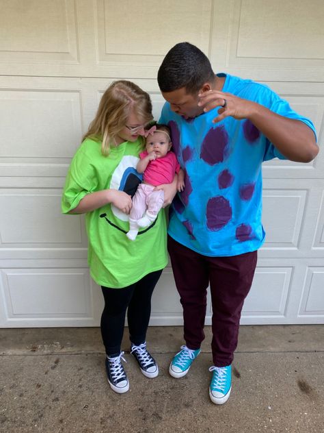 monsters inc family Halloween Costume Halloween Costumes Couples Monsters Inc, Sully Shirt Diy, Monsters Inc Diy Costume Families, Infant Boo Costume Monsters Inc, Monster Inc Family Halloween Costumes, Diy Monster Inc Costume, Diy Sully Costume Men, Monster Inc Costume Family, Monsters Inc Costumes Diy