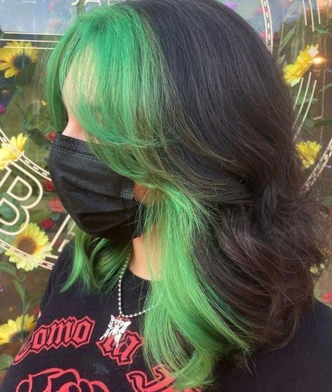 Hair Inspo Color Green, Black And Green Hair Aesthetic, Black And Green Hair Ideas, Green Skunk Hair, Green Halo Hair, Black And Green Hair Short, Hair Dye Ideas Green, Green Hair Highlights, Halo Dyed Hair