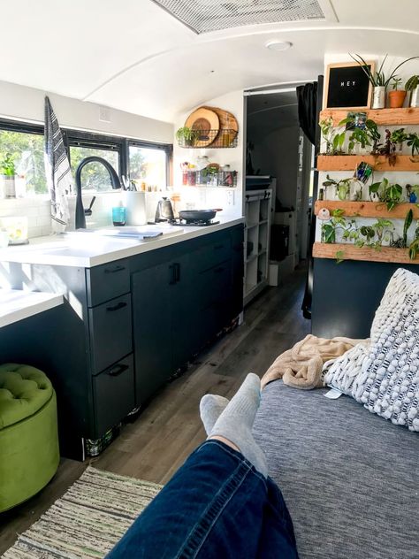 Converted School Bus Home on Wheels Photos | Apartment Therapy Schoolie Conversion, Herringbone Headboard, School Bus Tiny House, School Bus Camper, School Bus House, Converted School Bus, Bus Living, School Bus Conversion, Bus House