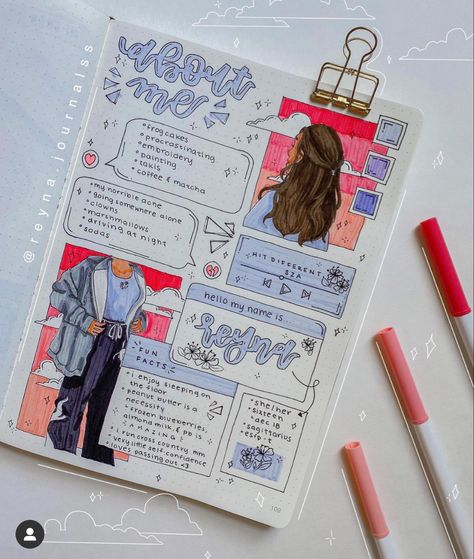 Bujo Opening Page Ideas, About Me Journal Ideas Aesthetic, Journal Idea About Me, Journaling Design Ideas, Journaling Layout Ideas, Biodata Journal Ideas Aesthetic, Intro Journal Page, Biodata Journal Ideas, About Me Journal Page Ideas