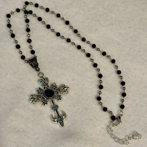 Gothic Dark Silver Cross Vampire Necklace Chain Jewelry Halloween Unisex Beads Unisex Women Men Black And Silver Tone Cross Pendant Necklace. Lovely Black And Silver Tone Cross Pendant On A Black Beaded Necklace, Perfect Addition To Your Necklace Collection. Looks Great With Simple Or Fancy Outfits. *Brand New. *Necklace Length: 45+5cm Extension Chain. *Cross Size: 5.5cm Approximately. *Cross Material : Zinc Alloy. *Will Ship Next Day Or Same Day If Possible. *Make A Bundle Of 2 Or More Items And Save $2 (Message Me First!) #Gothicnecklace#Religiousjewelry#Unisexnecklace#Menaccessories#Vampirecross Rosary Cross Necklace, Accessories Dark Aesthetic, Cool Necklaces Aesthetic, Silver Necklace Cross, Goth Aesthetic Jewelry, Necromancer Jewelry, Silver Necklace With Pendant, Cross Necklace Goth, Handmade Cross Necklace