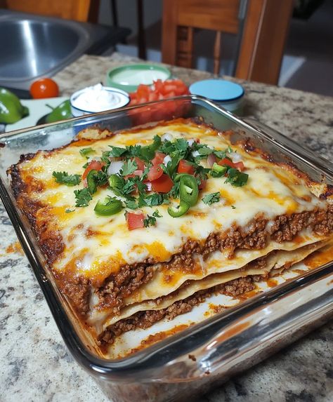 Layered Taco Bake Taco Tortilla Bake, Soft Taco Bake, Layered Taco Bake, Taco Tortilla, Layered Taco, Tortilla Bake, Mexican Casserole Recipe, Mexican Lasagna, Diced Green Chilies