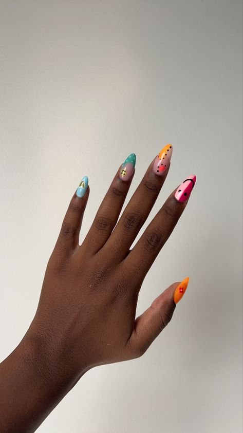 Cute Funky Nails Almond, Simple Funky Nails, Colorful Almond Nails, Funky Almond Nails, Fun Almond Nails, Oval Nails Designs, Bald Head, Oval Nails, Funky Nails