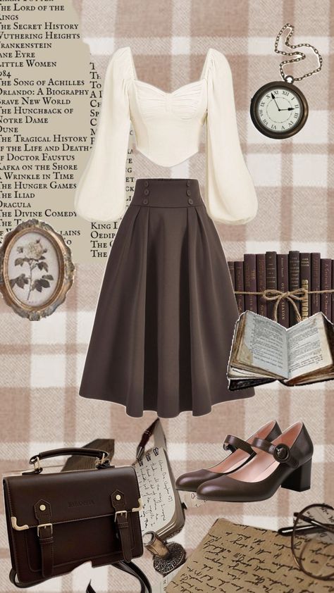 Dark academia outfit inspo #aesthetic #darkacademia #outfit #books #brown #autumnaesthetic #autumn #collageart Scholar Outfits Aesthetic, Dark Academia Outfit Vintage, Orange Academia Outfit, Hogwarts Teacher Outfits, Theatrical Romantic Dark Academia, Fantasy Academia Outfit, Brown Dress Fall Outfit, Dark Acdimea Outfit, Dark Academia Pants Outfit