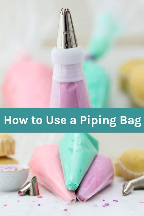 In this step-by-step tutorial, you'll learn how to use a piping bag including how to fill a piping bag, working with or without couplers  and helpful tips to cleaning your piping bag. #pipingbag #bakingtutorials #frostingtutorials Bag Craft Ideas, Cupcake Frosting Tips, Cake Piping Techniques, Frosting Techniques, Cupcake Decorating Tips, Icing Techniques, Cake Piping, Cake Decorating For Beginners, Frosting Tips