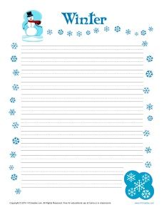 Winter Themed Lined Paper for Kids -  Let your students come up with creative ways to express themselves with a fun writing exercise about winter! www.k12reader.com Lined Paper For Kids, Handwriting Paper Kindergarten, Winter Writing Paper, Christmas Writing Paper, Snowman Writing, Kindergarten Handwriting, Letter Writing Template, Writing Paper Template, Printable Lined Paper