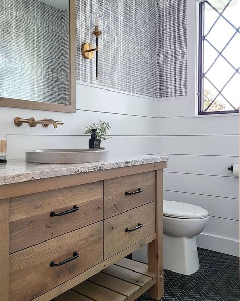 Native Trails Home on Instagram: “How much do you love this bathroom with our NativeStone Tolosa sink? 😍 Interior Designer: @cvi_design Builder: @celebrity_builders…” Board And Batten Bathroom, Batten Bathroom, Grey Linen Wallpaper, Cozy Wallpaper, Wallpaper Powder Room, Room Wallpaper Designs, Powder Room Wallpaper, House Bathrooms, Modern Hardware