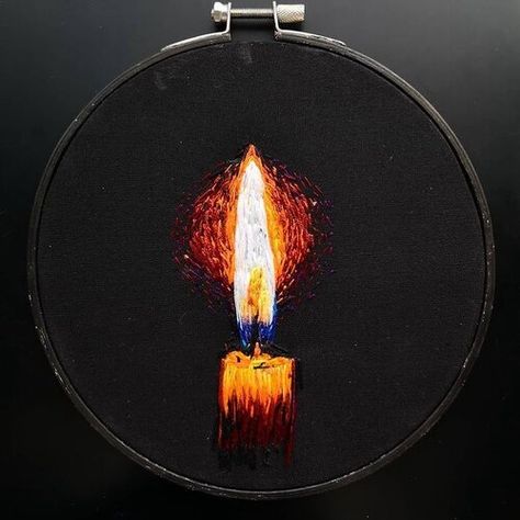 What To Do With Embroidery Projects When Done, Black Background Embroidery, Felt Embroidery Hoop, Candle Embroidery, Layered Embroidery, Embroidered Pictures, Flame Embroidery, Light In The Darkness, Candle Flame