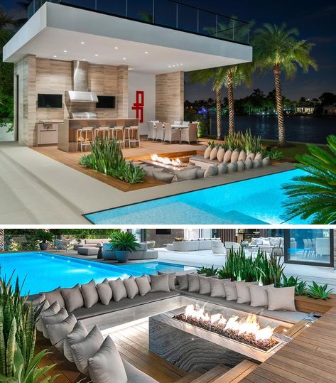 A Sunken Lounge Around A Fire Is A Great Way To Create A Relaxed Outdoor Vibe Sunken Lounge, House With Pool, Pool House Designs, House Ranch, Outdoor Lounge Area, Brick Garden, Outdoor Living Design, Luxury Pools, Backyard Pool Landscaping