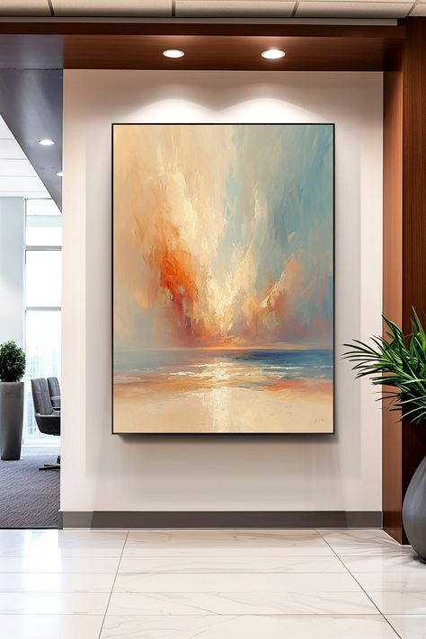 Original handmade painting of vibrant ocean sunset with golden sky reflecting on calm waves, textured brushstrokes in oranges and blues Ocean Sunset, Sunset Painting, Ocean Art, The Scene, Golden Hour, Brush Strokes, Focal Point, The Beauty, Original Paintings